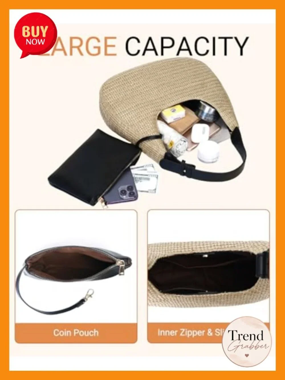 Hobo Crescent Straw Handbag with Adjustable Strap - Summer Beach Tote